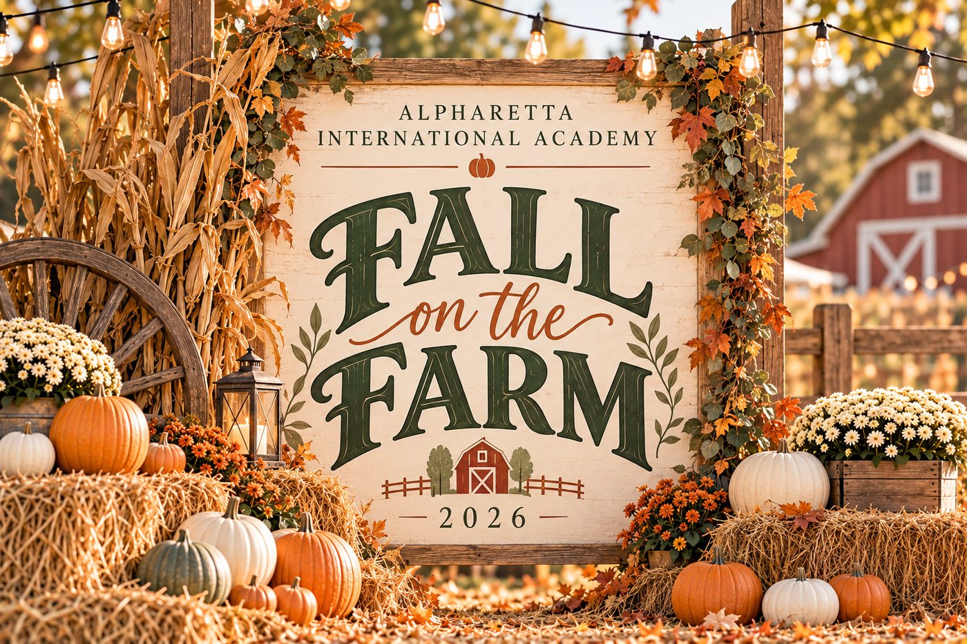 Fall on the Farm 2026 sign for Alpharetta International Academy, framed by corn stalks, pumpkins, mums, hay bales and string lights, with a red barn behind