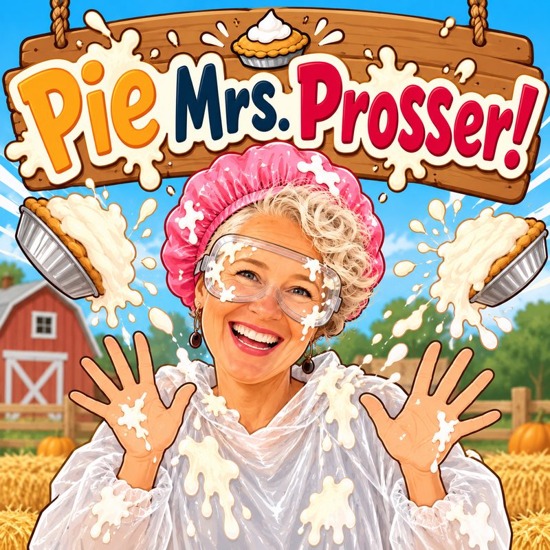 Pie Mrs. Prosser! A cartoon of Mrs. Prosser in a shower cap, goggles and coveralls, laughing as pies fly toward her on the farm