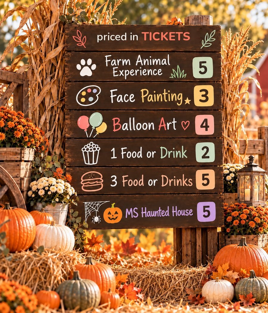 Hand-painted wooden sign, priced in tickets: Farm Animal Experience 5, Face Painting 3, Balloon Art 4, 1 food or drink 2, 3 food or drinks 5, MS Haunted House 5