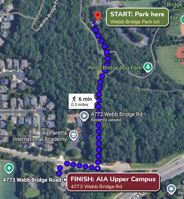 Walking route from the Webb Bridge Park lot to AIA Upper Campus, about 6 minutes
