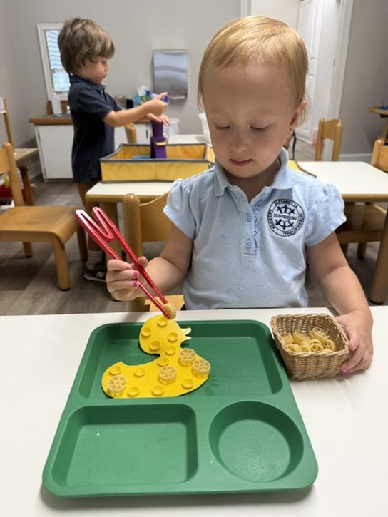 A Pre-Primary student using red tweezers to place pasta wheels onto a duck-shaped board