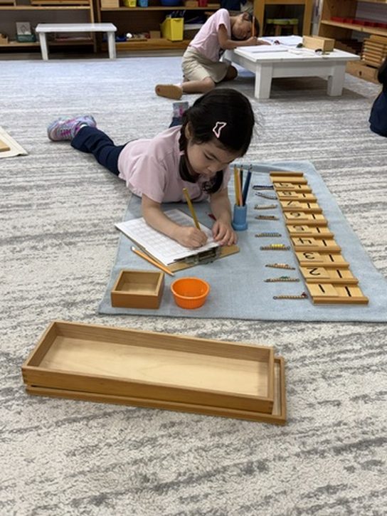 A Primary student lying on a work rug recording quantities beside the Teen Boards