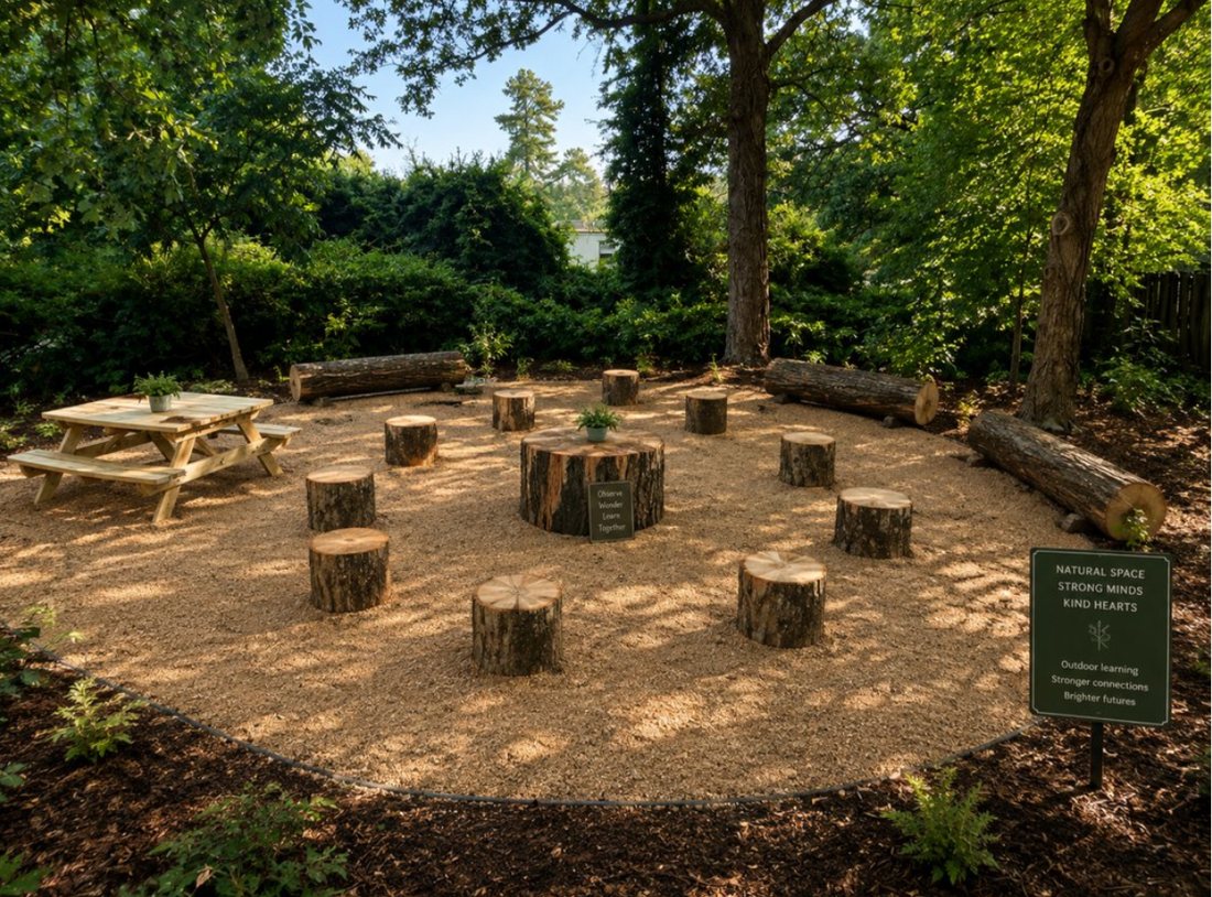 Rendering of AIA's new outdoor learning space with log seating under the trees