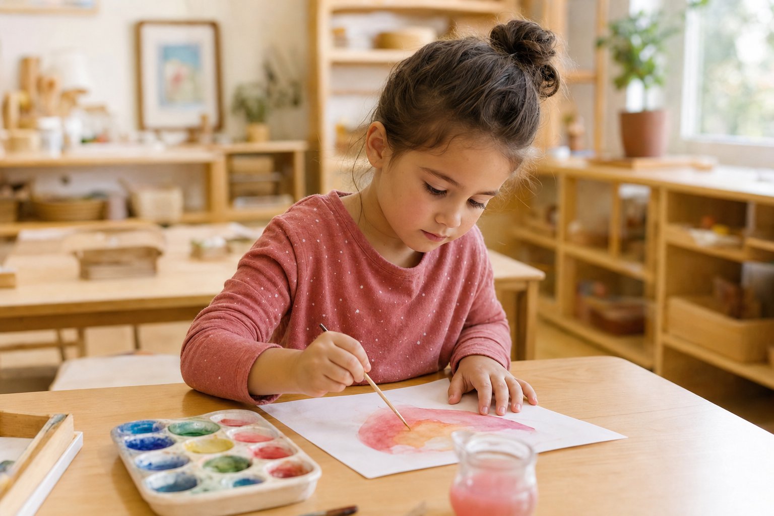A young student painting with watercolors during a regular art lesson