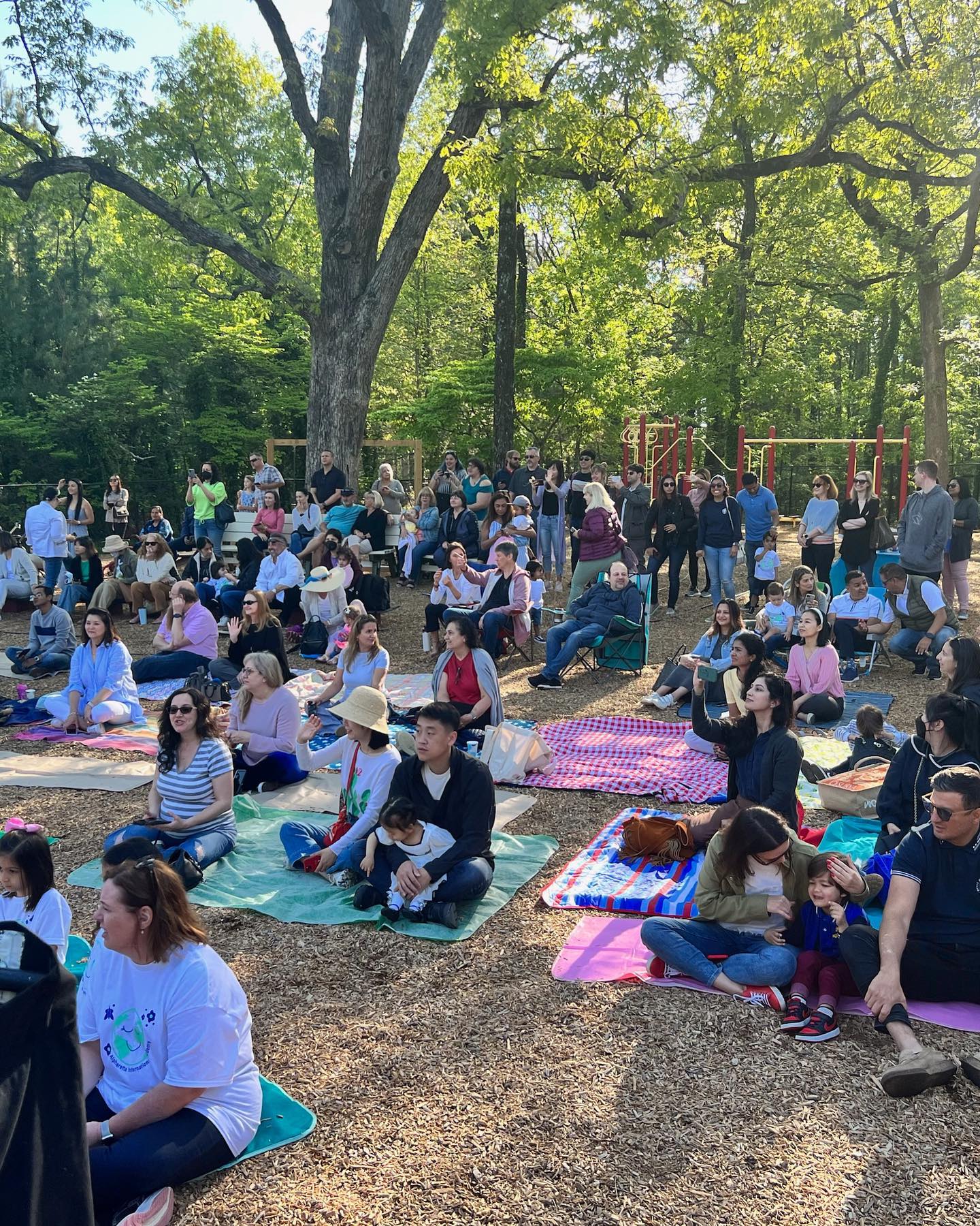 AIA families gathered on picnic blankets under the trees at a school community event