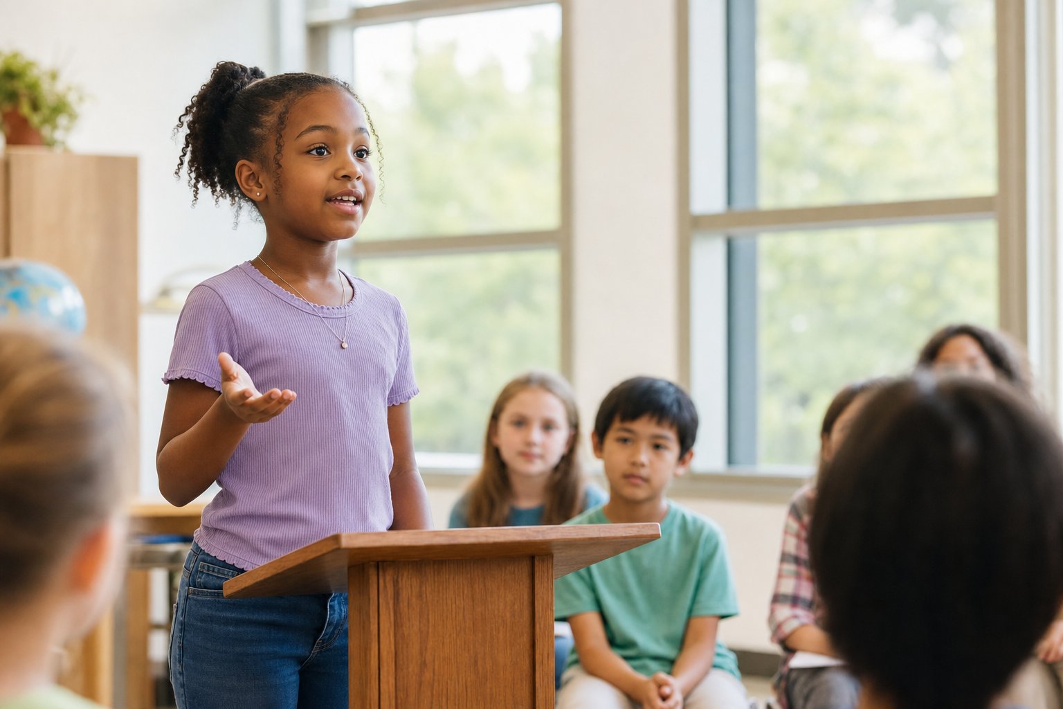 A student speaking confidently at a podium during a debate elective