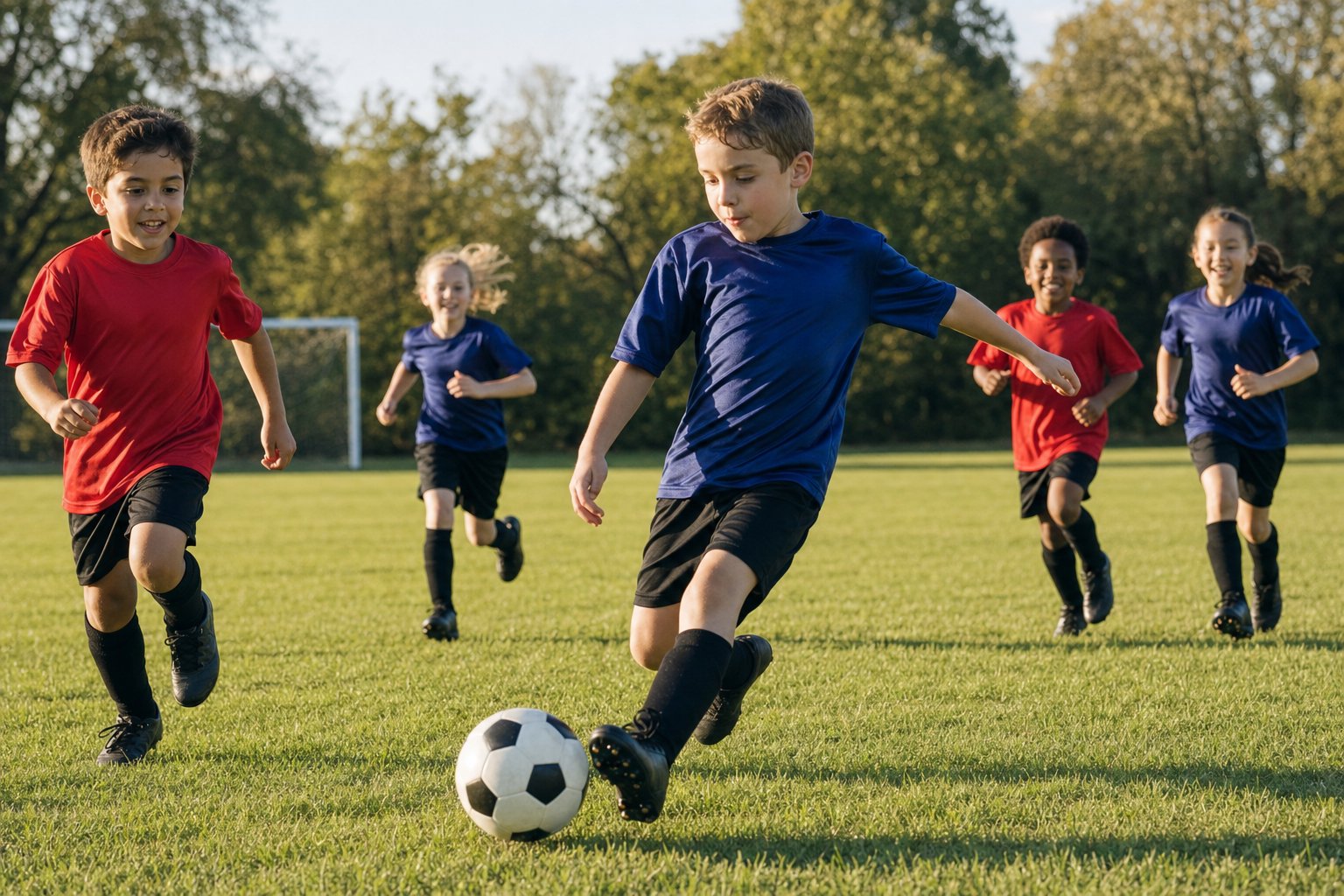 Students playing soccer together during an after-school soccer elective