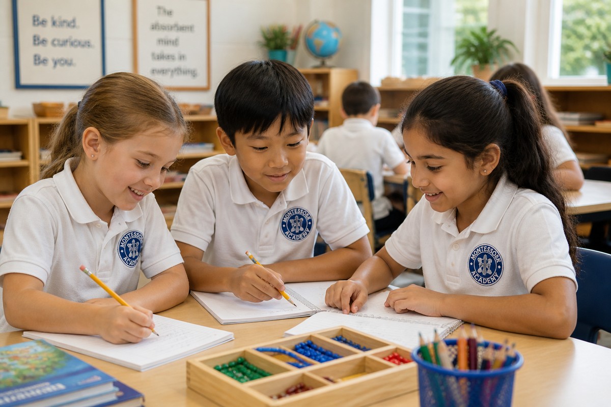Elementary students working with bead frames and writing materials