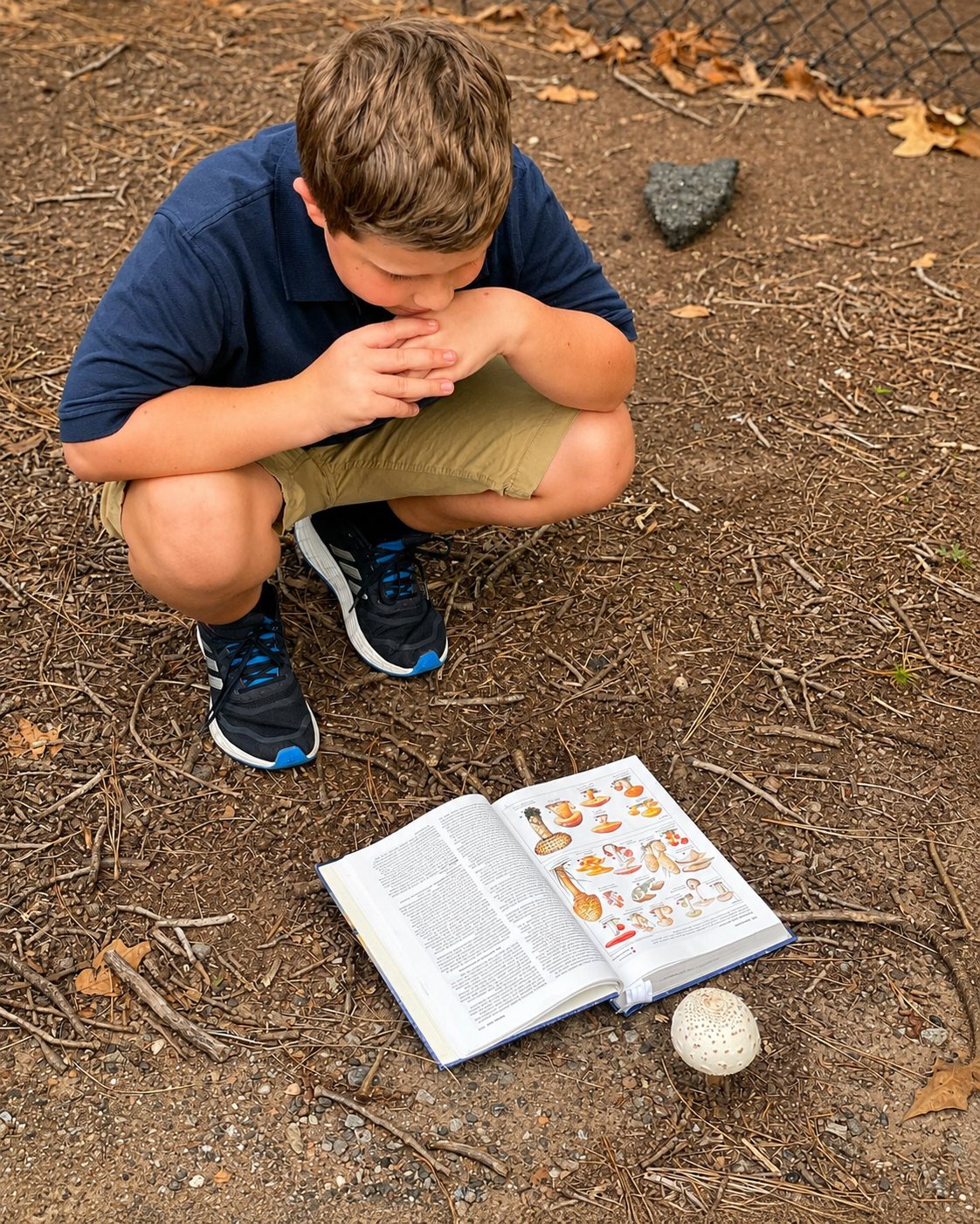 An Elementary student outdoors, comparing a mushroom he found against a field guide