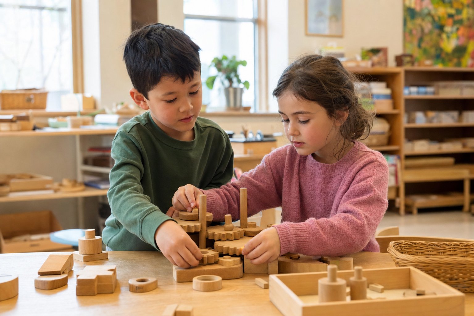 Two students working together with a wooden engineering and gears building set