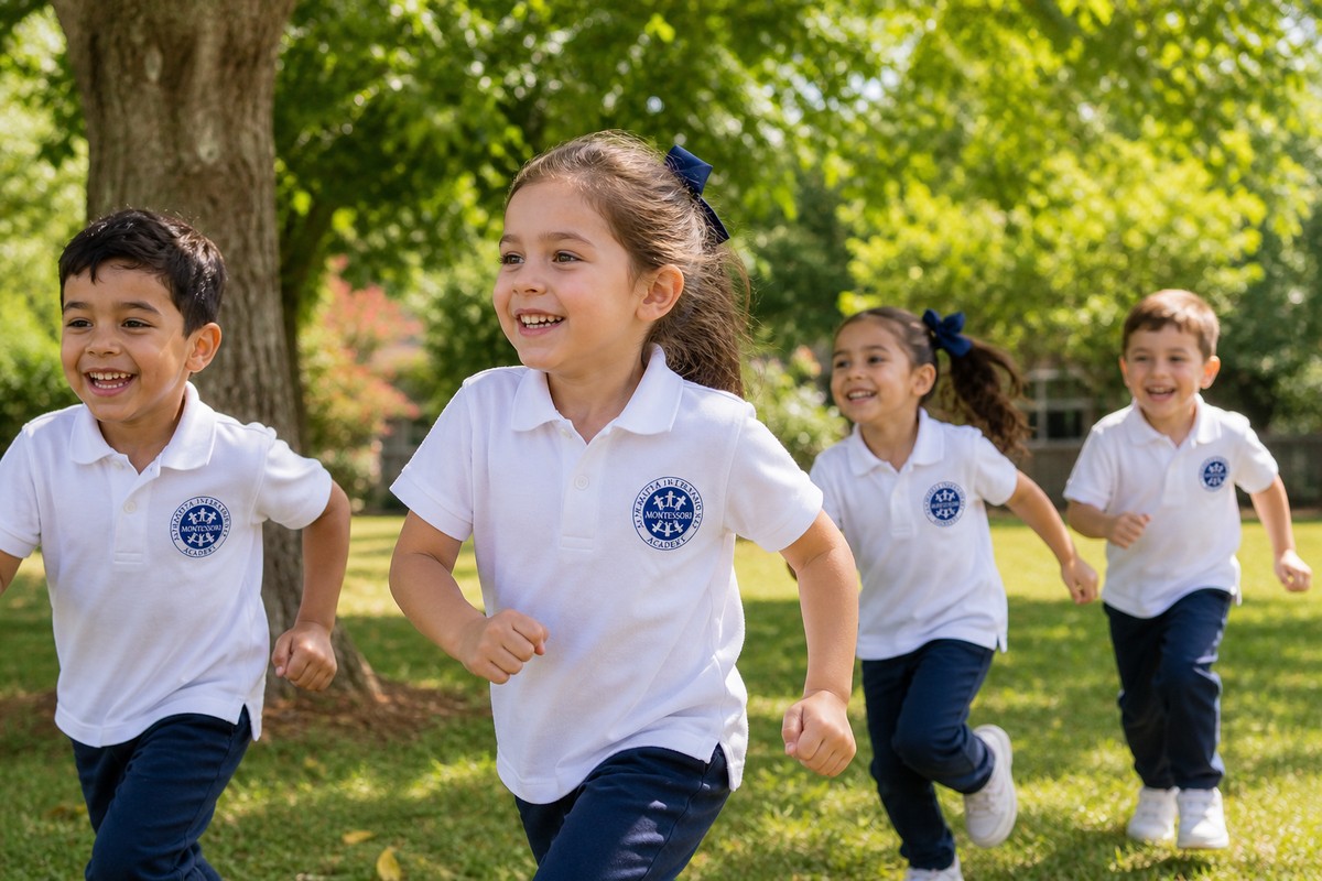 Children running and playing together outdoors on AIA's wooded campus