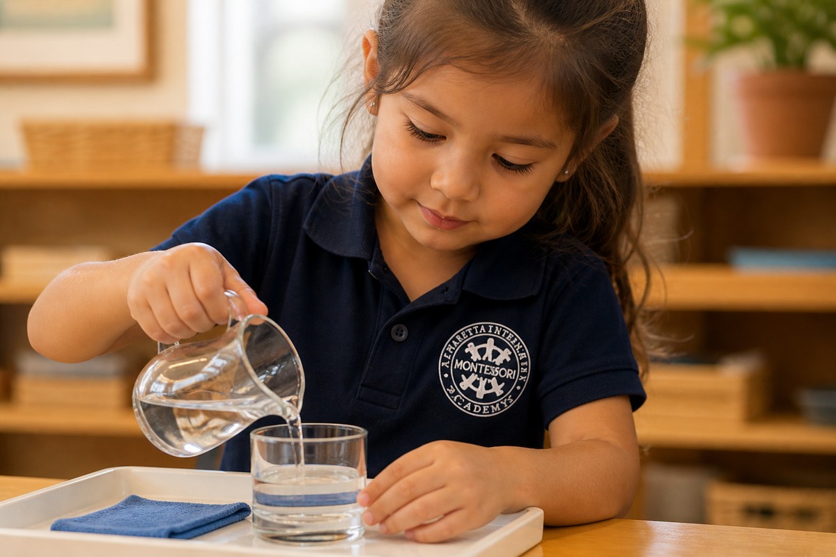 A young child practicing a pouring exercise as part of practical life work