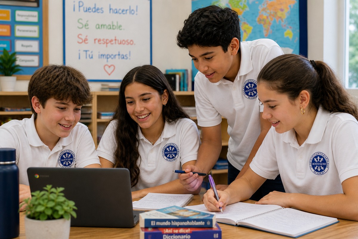 An AIA Middle School student working through coursework on a laptop