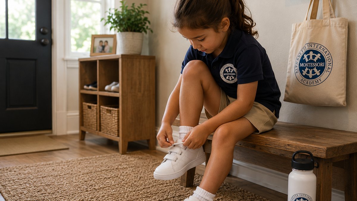 A child sitting on a bench in an entryway putting on her own shoes, with her school bag and water bottle nearby