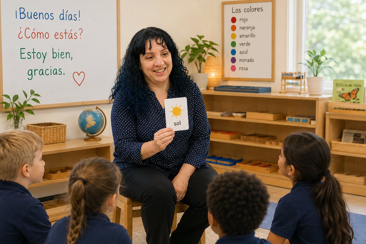 A Spanish teacher holding a vocabulary card during circle time with young students at AIA Montessori