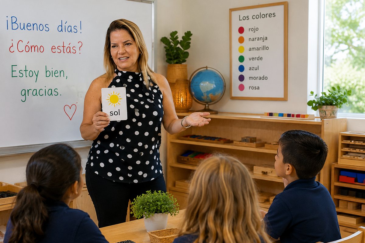 A Spanish teacher presenting a vocabulary card to Elementary students at AIA Montessori
