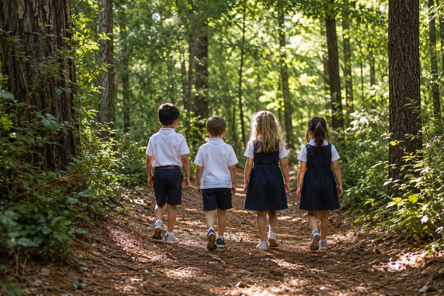 AIA students walking together along a wooded path on the school's six-acre campus