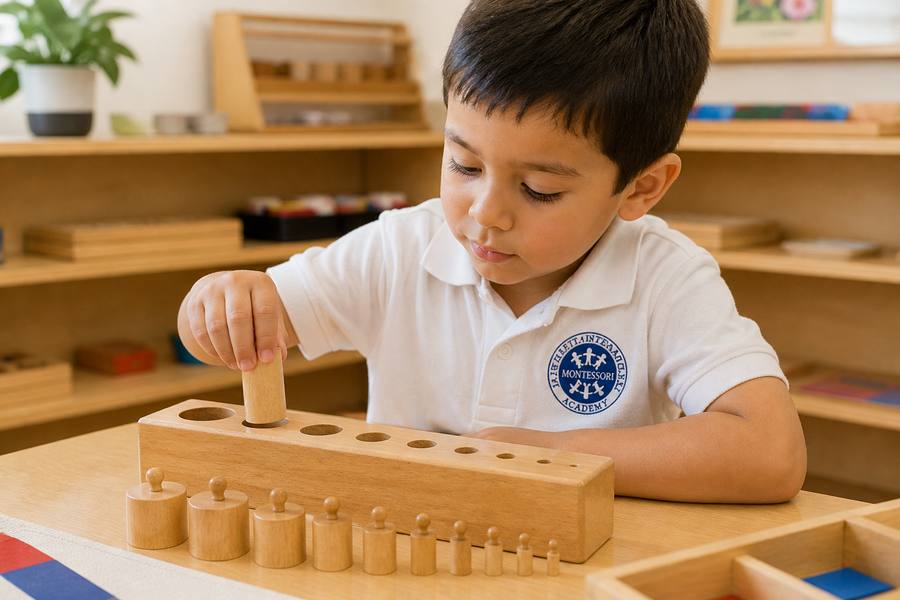 A young child focused on a Montessori cylinder blocks activity
