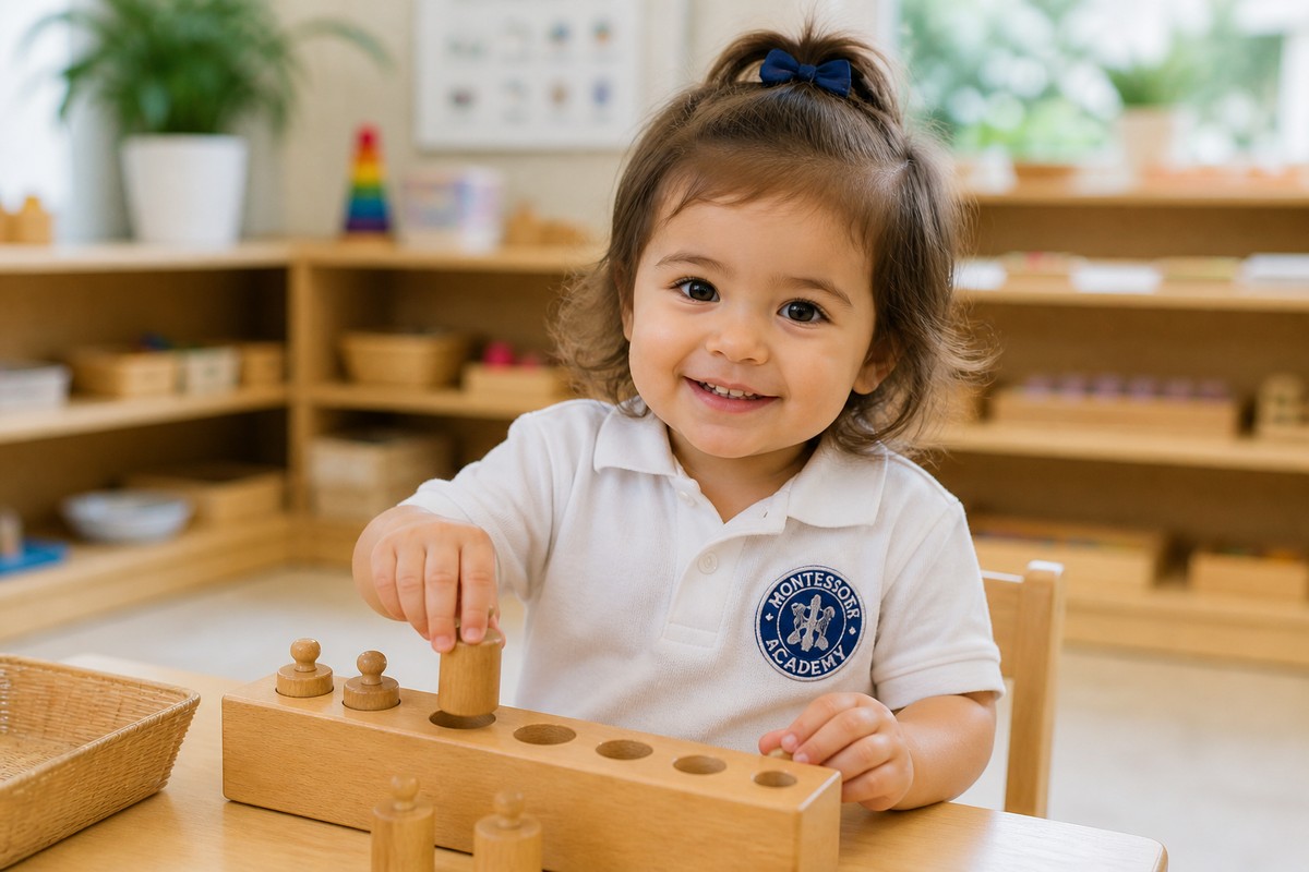 A toddler smiling while working with cylinder block materials